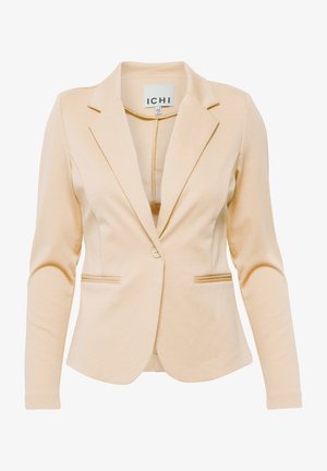 Smėlinis bleizeris su pritaikytu siluetu, įpjautomis apykaklėmis, ilgomis rankovėmis, dviem priekinėmis kišenėmis ir vienu sagos užsegimu. Lygus audinio paviršius.