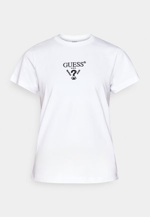 T-shirt en coton blanc avec un col rond, des manches courtes et un imprimé graphique noir avec le texte "GUESS® U.S.A." sur le devant.