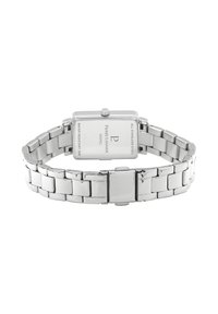 Orologio in acciaio inox argentato con cassa rettangolare, bracciale in metallo e retro inciso. Resistente all'acqua, presenta una chiusura a pulsante.