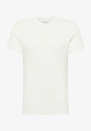 Tricou alb cu mânecă scurtă, fabricat din bumbac, cu guler rotund. Prezintă un mic logo pe piept. Textură netedă, design clasic.