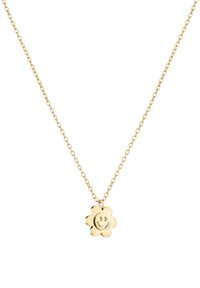 Collier en chaîne de couleur or avec un pendentif en forme de fleur doté d'un visage souriant, texture lisse et bords de pétales arrondis.