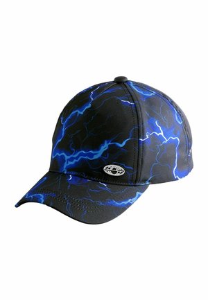 Black baseball cap with blue lightning bolt pattern and small silver oval logo on front panel.