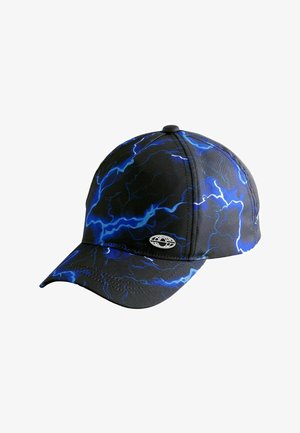 Sort baseballkasket med blå lynmønster og lille sølv ovalt logo på frontpanelet.