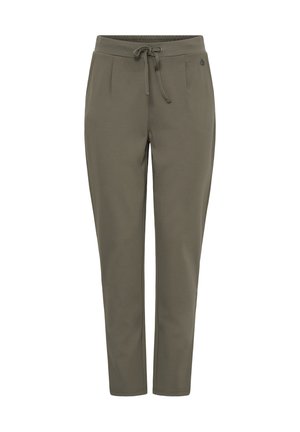 Pantalon vert olive avec une taille à cordon, un design de jambe fuselée, deux poches avant, et des plis élégants à la taille.