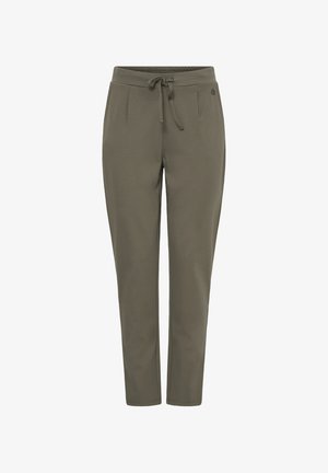 Alyvuogių žalios kelnės su raišteliu juosmens srityje, siaurėjančios kojų dalies dizainas, dvi priekinės kišenės ir elegantiškos klostės ties juosmeniu.