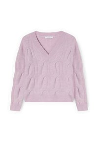 Maglione rosa chiaro in maglia con scollo a V, motivo a trecce e polsini e orlo a coste. La texture morbida aggiunge calore e comfort.
