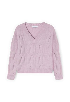 Maglione rosa chiaro in maglia con scollo a V, motivo a trecce e polsini e orlo a coste. La texture morbida aggiunge calore e comfort.