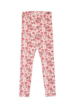 Pinkfarbene Leggings mit einem Blumenmuster aus roten und braunen Blumen und Blättern auf hellrosa Hintergrund.