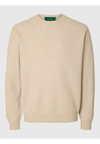 Beżowy sweter z okrągłym dekoltem wykonany z miękkiego materiału, z długimi rękawami oraz ściągaczami przy mankietach i u dołu. Subtelna tekstura na całej powierzchni tkaniny.