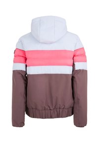 Padded jacket in light blue, pink, and brown with a hood. Features color-blocking design with elastic cuffs and hem.