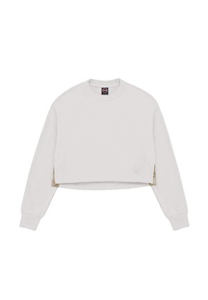Bluza typu cropped z długim rękawem w jasnobeżowym kolorze, z okrągłym dekoltem i ściągaczami na rękawach, z subtelnym logo marki przy dolnym brzegu.