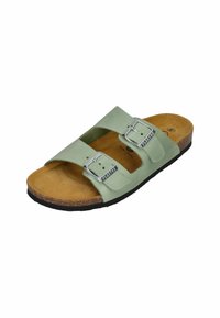 Green sandals with two adjustable straps and silver buckles, cork footbed, textured brown insole, and black rubber outsole.