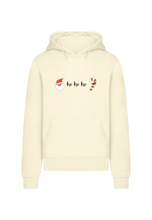 Cremfarbener Hoodie mit einer vorderen Tasche. Beinhaltet ein grafisches Motiv des Gesichts von Santa sowie den Text "ho ho ho" neben einer Illustration eines Zuckerstocks.