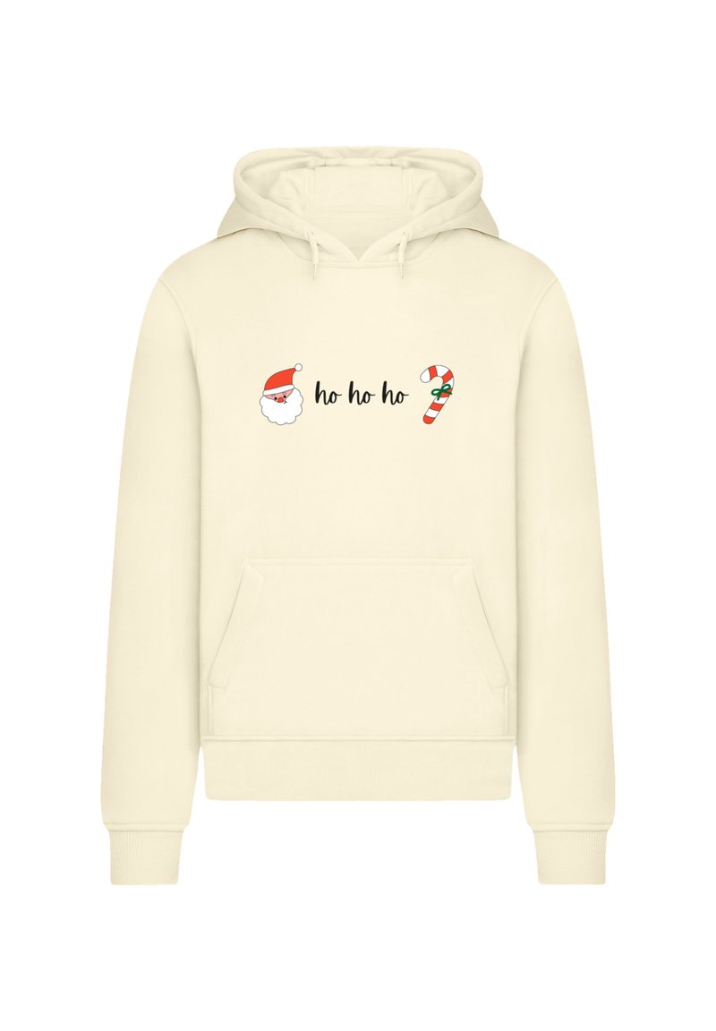 Crème-kleurige hoodie met een voorzak. Bevat een afbeelding van het gezicht van de Kerstman en de tekst "ho ho ho," naast een illustratie van een zuurstok.