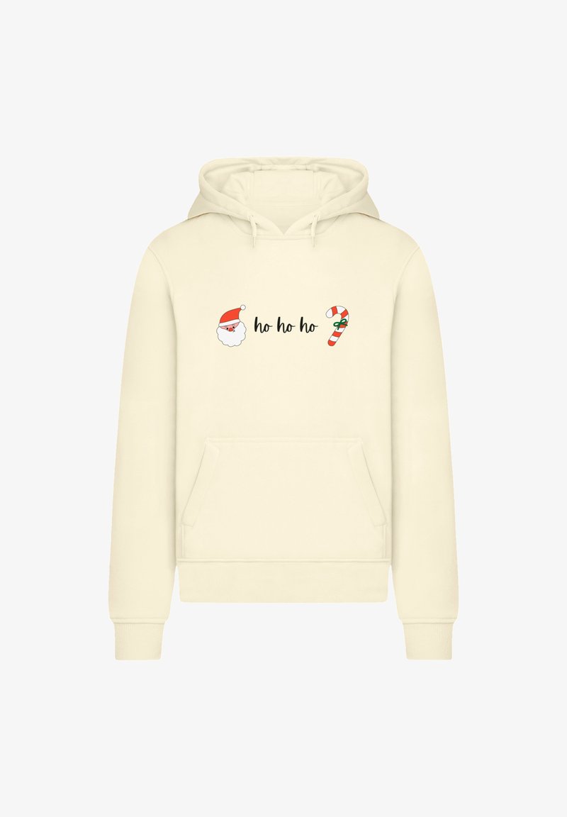 Crème-kleurige hoodie met een voorzak. Bevat een afbeelding van het gezicht van de Kerstman en de tekst "ho ho ho," naast een illustratie van een zuurstok.