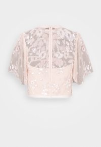 Blouse transparente rose clair ornée de sequins, avec manches courtes évasées et fermeture éclair dans le dos.