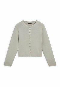 Vaaleanharmaa neulottu neuletakki, jossa on pitkät hihat, pyöreä pääntie ja edessä pieniä pyöreitä nappeja oleva napitus.