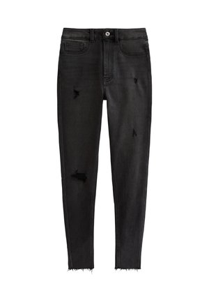 Czarne skinny jeans wykonane z denimu, z przetarciami, wysokim stanem, pięcioma kieszeniami i surowym wykończeniem przy kostkach.