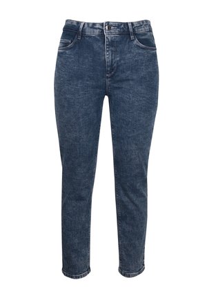 Dunkelblaue Denim-Jeans im Slim-Fit-Stil, mit Fünf-Taschen-Design, Reißverschluss und leicht verblasster Textur für einen lässigen Look.