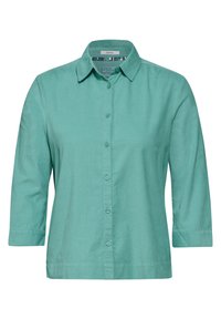 Camisa de botones en color verde azulado con cuello, mangas tres cuartos y corte recto. Tejido suave con una sutil textura, con botones a juego.