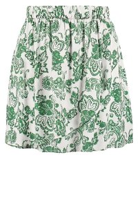 Vit kjol med ett genomgående grönt blommigt paisleymönster, elastisk midja och ett lätt, texturerat tyg.