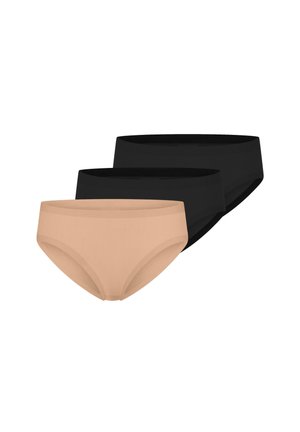 Three women's bikini-cut underwear in solid colors, with one beige and two black pairs stacked behind it on a white background.