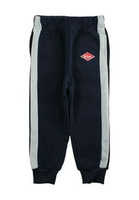 Pantalon de survêtement bleu marine avec des bandes latérales grises, des poignets côtelés et une taille élastique ; orné d'un logo en forme de losange rouge.