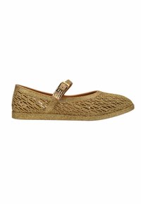 Zapatos planos Mary Jane dorados con purpurina, con un patrón texturizado, puntera redondeada y una correa ajustable que presenta una hebilla de metal dorado.