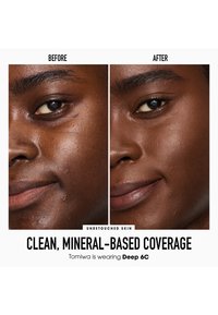 Comparaison avant et après montrant la texture de la peau, la coloration, les caractéristiques du visage, avec une visibilité claire des imperfections naturelles et de la couvrance.