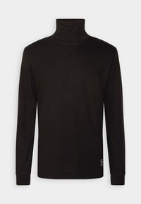 Schwarzes langärmliges Turtleneck aus glattem Stoff, mit hohem Kragen, enganliegenden Ärmeln und einem kleinen Markenetikett am Saum.