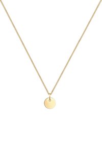 Collana d'oro con una catena sottile e un ciondolo rotondo. Il ciondolo ha una finitura liscia e un design semplice e minimalista.