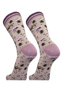 Knit socks in beige featuring purple accents, a patterned design with trees and animals, and a reinforced pink heel and toe sections.