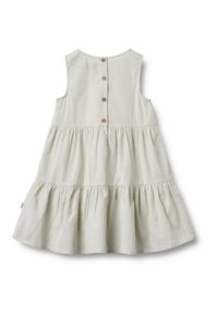 Ærmeløs beige kjole til småbørn med diskrete lodrette striber, lag på lag og fire brune knapper nedad ryggen.