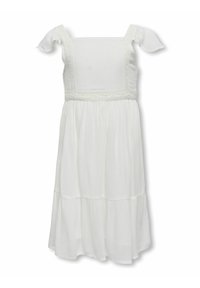 Vit ärmlös klänning med fyrkantig halsringning, rynkade axelremmar och detaljerad volangkjol. Tillverkad av lätt tyg med broderade detaljer.
