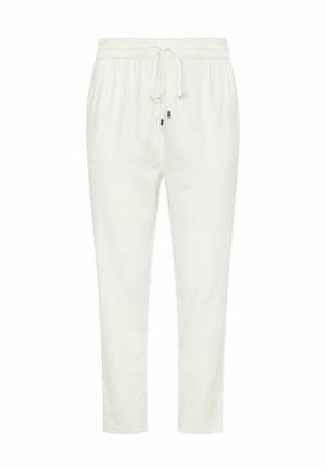 Pantaloni casual bianchi con vita elasticizzata e coulisse, dotati di tasche frontali applicate e vestibilità comoda.