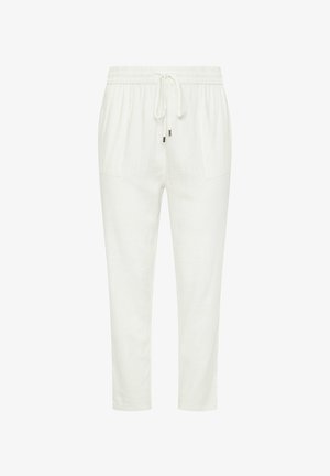 Pantaloni casual bianchi con vita elasticizzata e coulisse, dotati di tasche frontali applicate e vestibilità comoda.