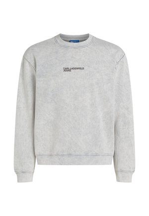 Grijze sweatshirt gemaakt van zacht stof, met een ronde halslijn, geribbelde manchetten en zoom, en een zwarte "KARL LAGERFELD JEANS"-logo op de voorkant.