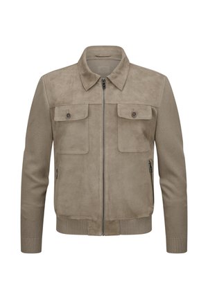 Brown suede jacket with a collared neck, two chest pockets, side zip pockets, and ribbed cuffs, featuring a front zipper closure.