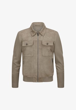 Braune Wildlederjacke mit Kragen, zwei Brusttaschen, seitlichen Reißverschlusstaschen und gerippten Bündchen, ausgestattet mit einem Reißverschluss vorne.