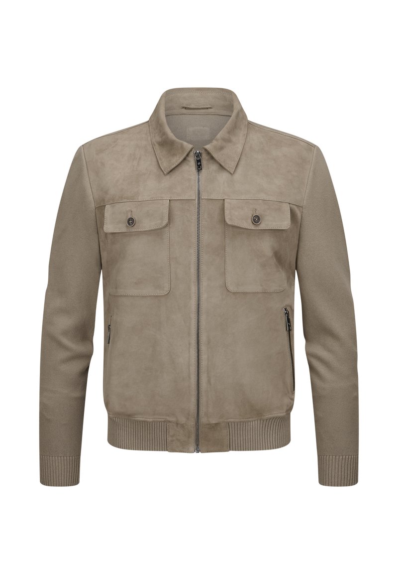 Braune Wildlederjacke mit Kragen, zwei Brusttaschen, seitlichen Reißverschlusstaschen und gerippten Bündchen, ausgestattet mit einem Reißverschluss vorne.
