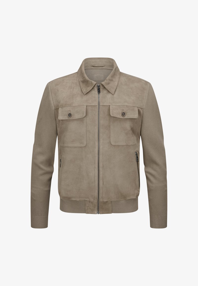 Braune Wildlederjacke mit Kragen, zwei Brusttaschen, seitlichen Reißverschlusstaschen und gerippten Bündchen, ausgestattet mit einem Reißverschluss vorne.