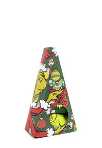 Scatola triangolare verde con design del Grinch, dettagli rossi, decorazioni e nuvole bianche. La sezione aperta mostra un oggetto giallo-verde all'interno.