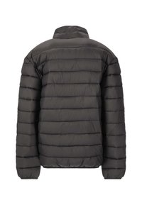 Mörkgrå puffjacka med hög krage, quiltat mönster och elastiska ärmslut. Texturerad tyg med horisontella sömmar.