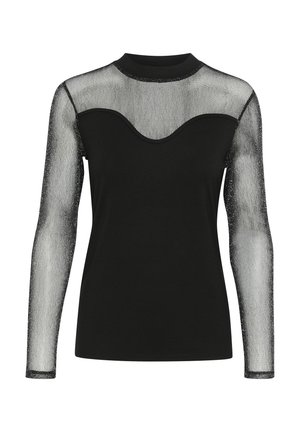 Črna dolgosleeve majica s prosojnimi rokavi iz kovinskega tekstila, okroglo izrezana obloga in oprijet kroj. Poudarjena s črnim trakom na telesu.