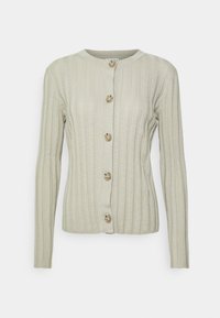 Ribbad cardigan i ljusbeige med långa ärmar, rund halsringning och fem stora, runda knappar längs framknäppningen. Mjukt material.