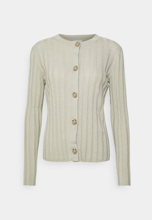 Rippstrick-Cardigan in hellem Beige mit langen Ärmeln, rundem Halsausschnitt und fünf großen, runden Knöpfen entlang der Frontverschluss. Weiche Textur.
