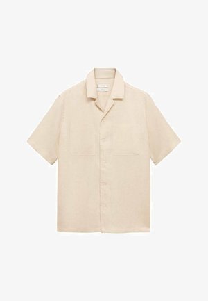 Kortærmet beige skjorte i linned med krave, to brystlommer og knaplukning. Glat tekstur og afslappet pasform.