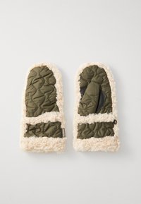 Gequilte groene wanten met een pluizige beige afwerking. Voorzien van een textuurstof en een zachte voering voor extra warmte. Gemarkeerd met een merketiket.
