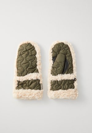 Quilted green mittens with a fluffy beige trim. Features textured fabric and a soft lining for warmth. Marked with a brand tag.