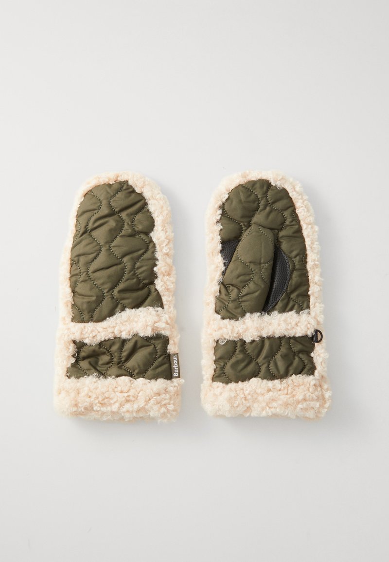 Gequilte groene wanten met een pluizige beige afwerking. Voorzien van een textuurstof en een zachte voering voor extra warmte. Gemarkeerd met een merketiket.